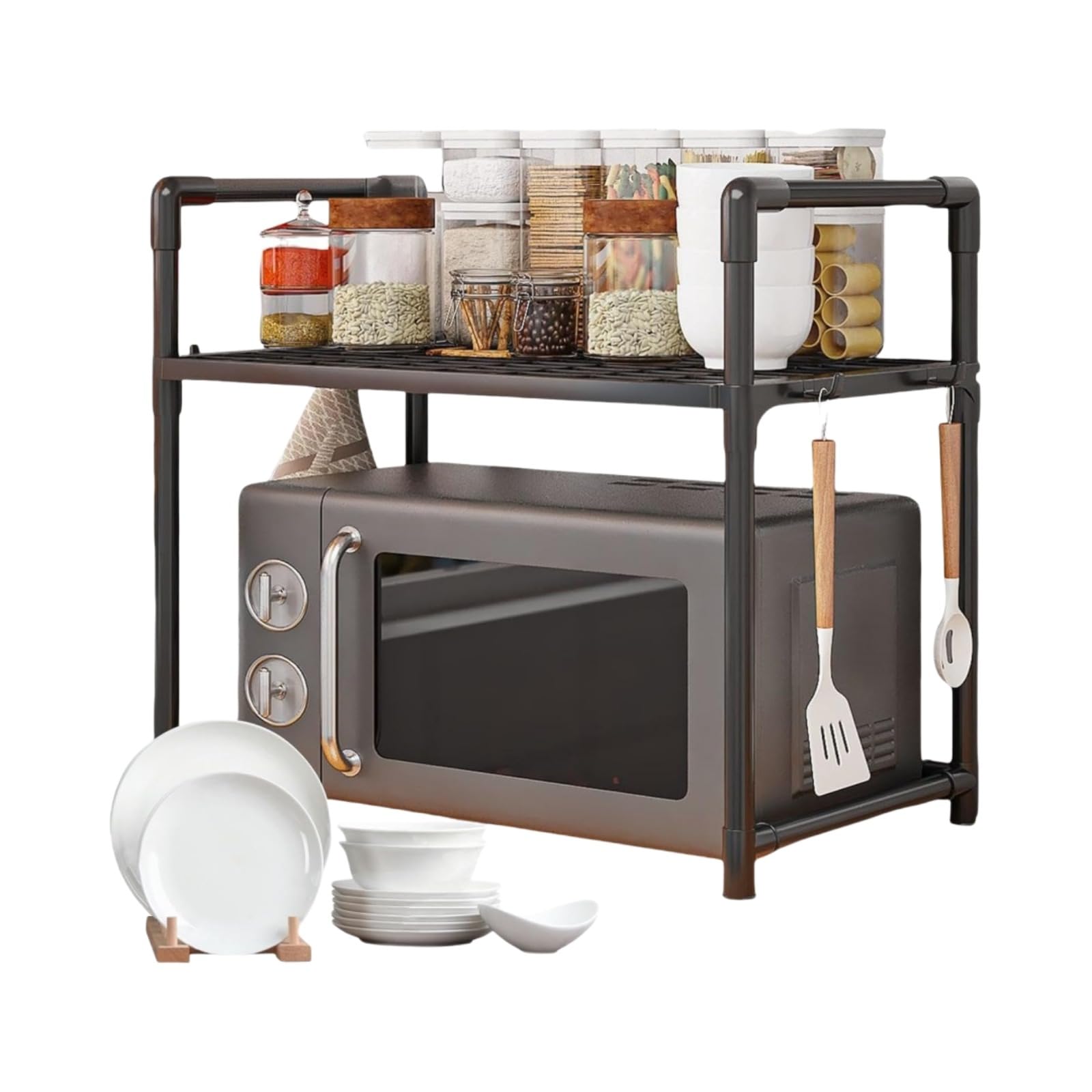 LOJAX Microwave Stand for Countertop, Adjustable Holder, Kitchen Utensils and Tableware Storage, Microwave Holder for Kitchen Countertop, Spice Organizer