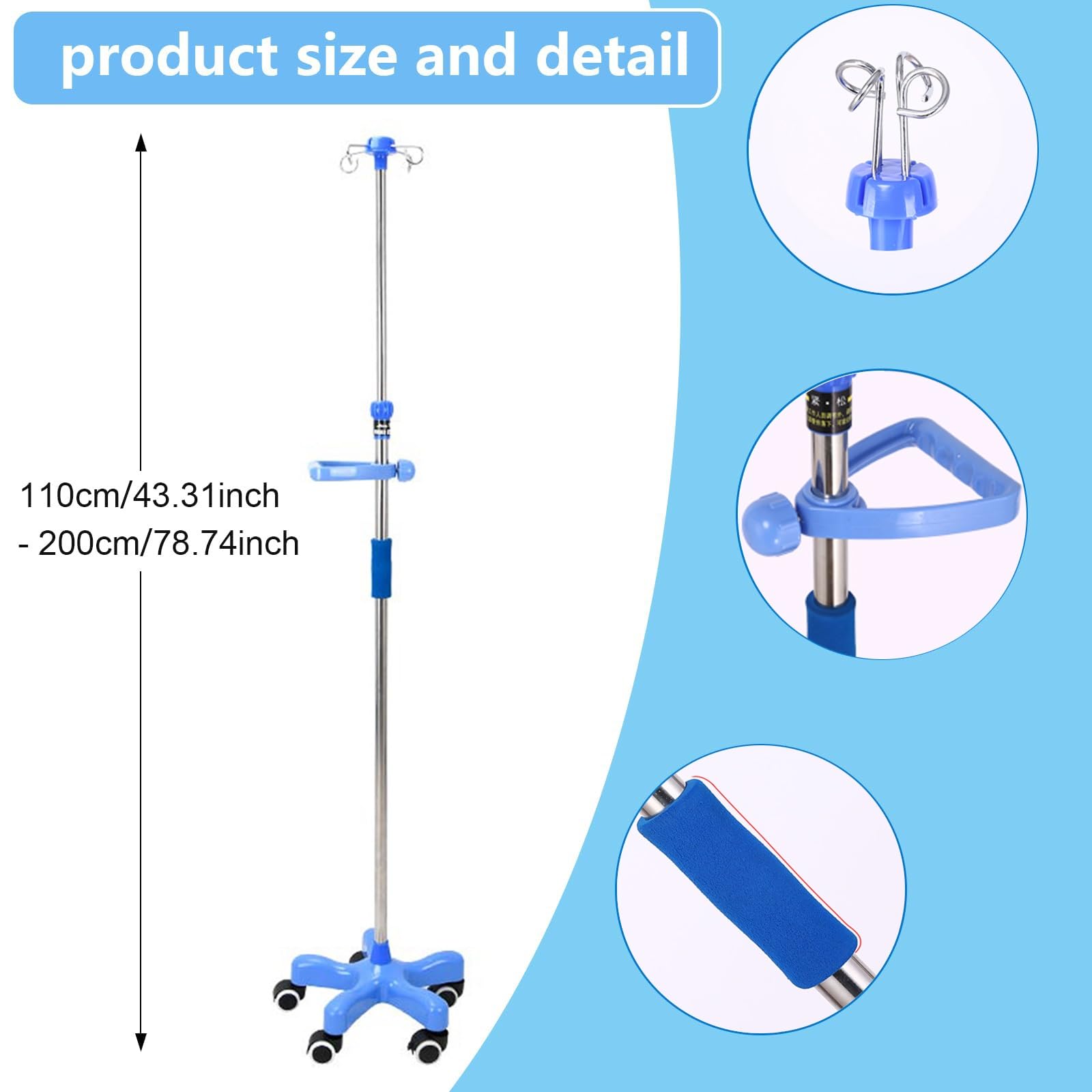 Poste de suero con Ruedas, Soporte de suero médico portátil con 4 Ganchos y 5 Ruedas, Soporte para Bolsa de suero con Altura Ajustable