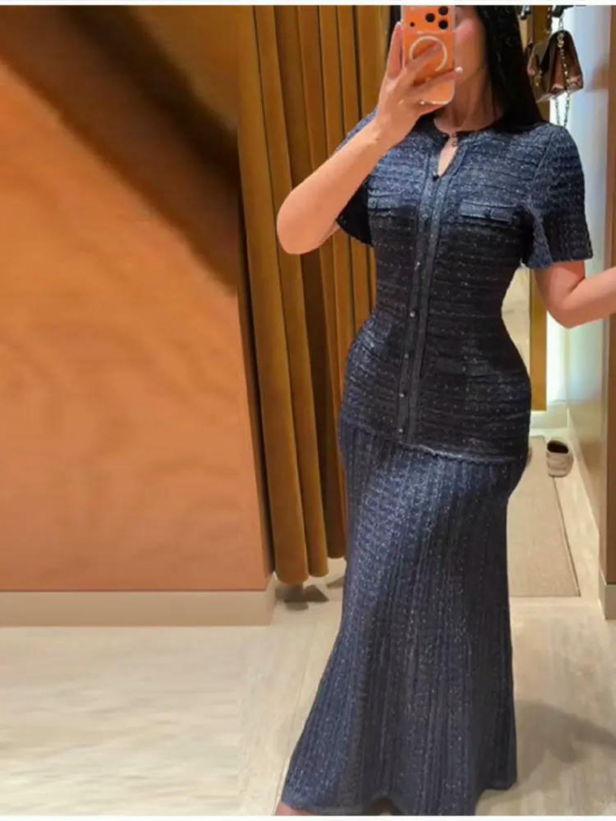 Vestito Abito Maxi con Paillettes da Donna 2026, Longuette Lavorato A Maglia Maniche Corte Scollo Rotondo in Vita Stretto Festa Monopetto Scavato-Blu Marino-s