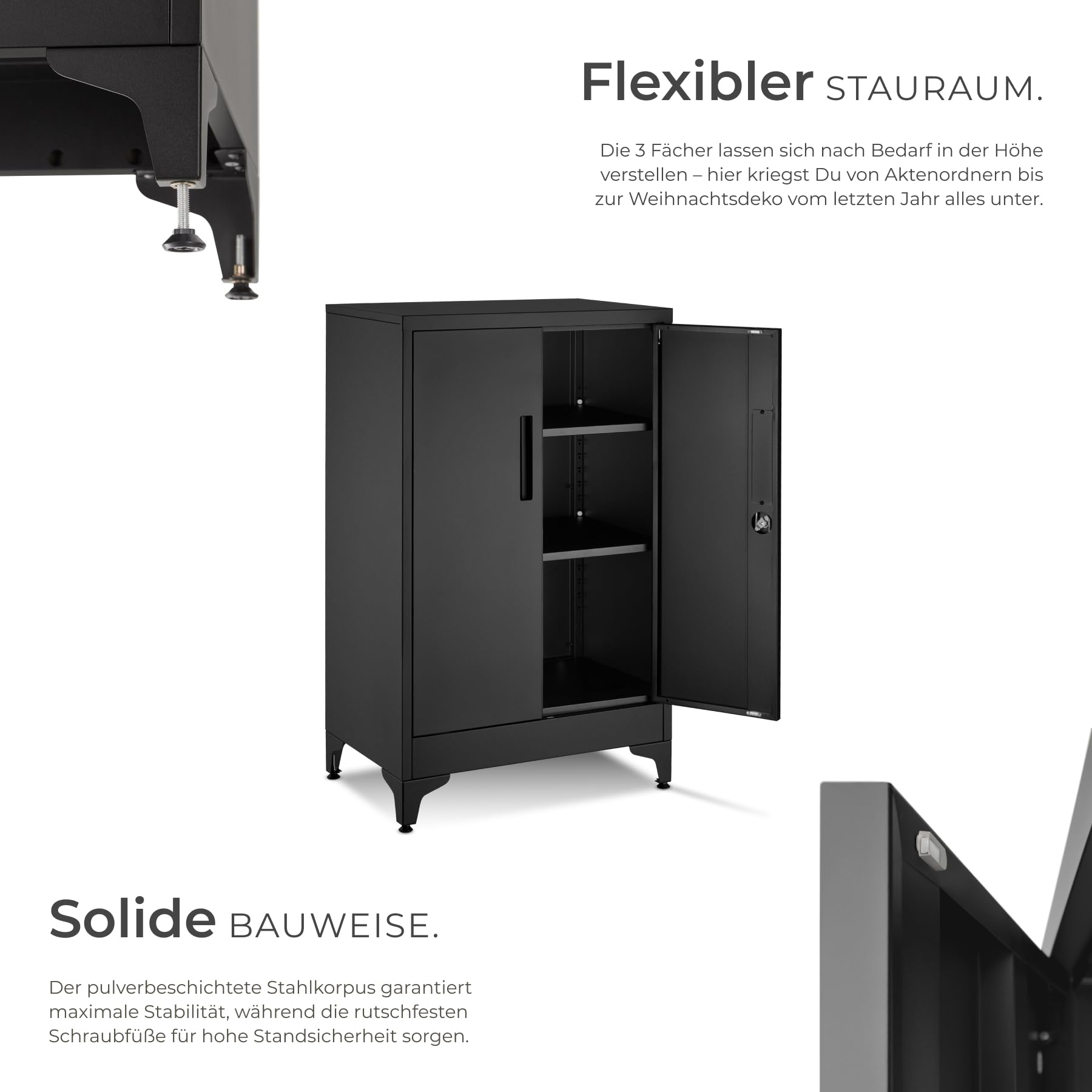 TecTake® Aktenschrank, 60 x 40 x 100 cm, 2 verstellbare Böden, abschließbar, Magnetverschluss, Kippschutz, Büroschrank, Aktenmöbel, Ordnerschrank, Büroorganisation, Arbeitsmobiliar - schwarz