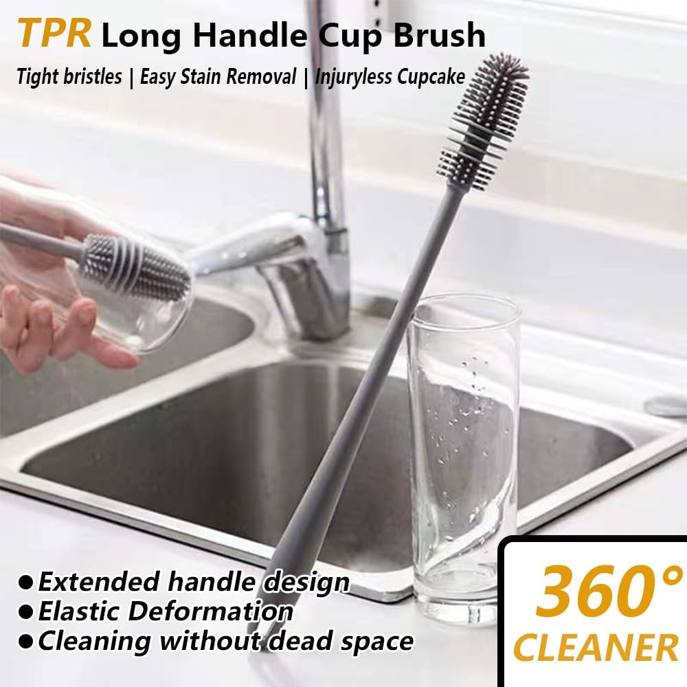 Silicone Bottle Brush 3pcs, Long Handle Bottle Cleaner, 13" Bottle Cleaning Brush for Flasks, Vacuum Sports Bottles, Vases and Glassware (Grey)