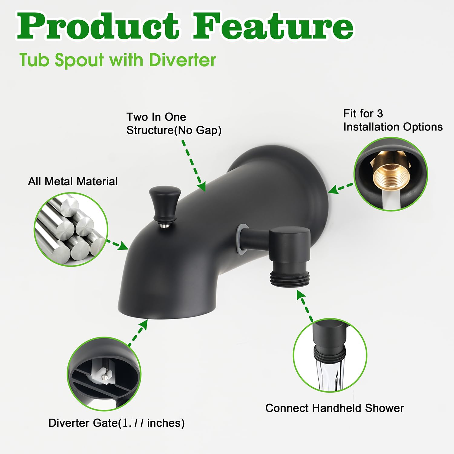 Beccuccio per Vasca con deviatore, Nero Opaco, Tubo IPS da 1/2" o 3/4", Rubinetto per Vasca, Rubinetto di Ricambio per Doccia, Bagno YGLT-Nero-01