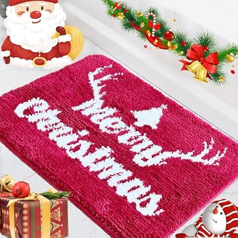 BOANKODU Christmas Bathroom Rugs Red Bath Mat Christmas Decorations, Absorbent Strong Non Slip Backing, Machine Washable, Soft Cozy Shower Bath Mat for Bathtub, 20”x32”, Red Cover