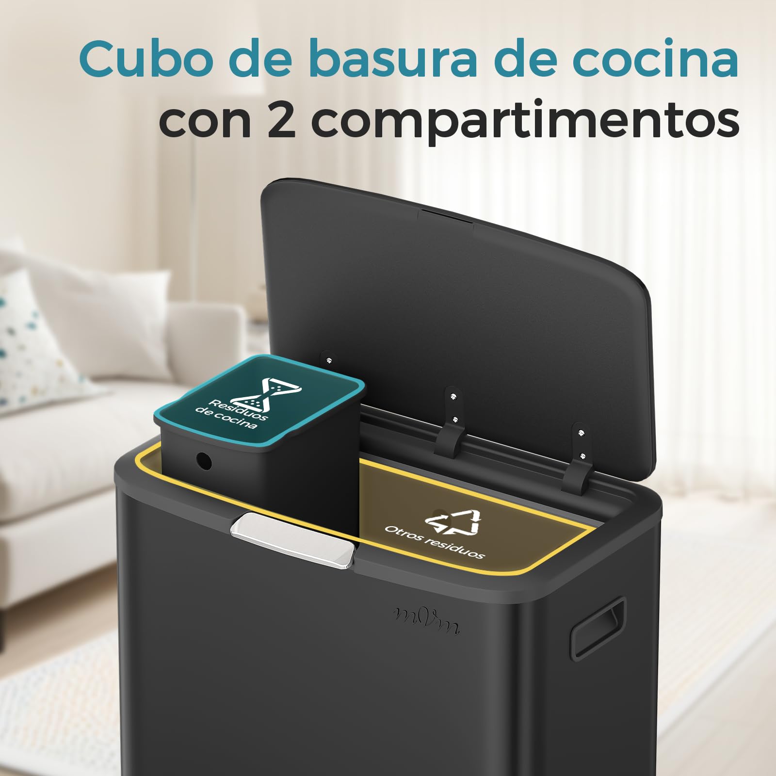 mVm Cubo de Basura Cocina 65L de Acero Inoxidable con Cubo Interior y Cubo Auxiliar 5L, Tapa Push Soft Close, Soporte Elevado
