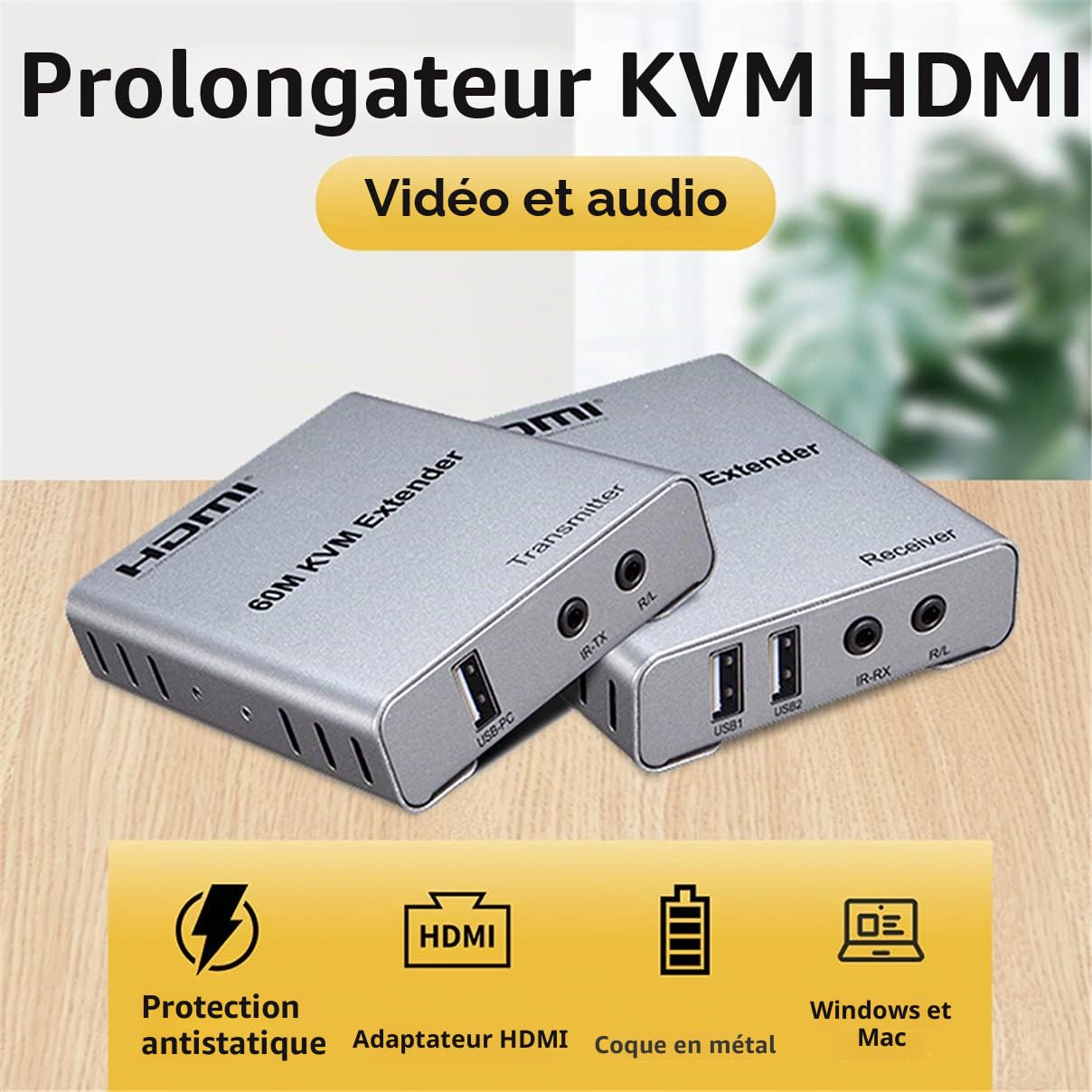 Swallows Extender HDMI KVM USB 60M avec audio 1080P R/L CAT5E Cat6 RJ45 Câble Ethernet émetteur récepteur convertisseur audio vidéo PC portable à moniteur TV