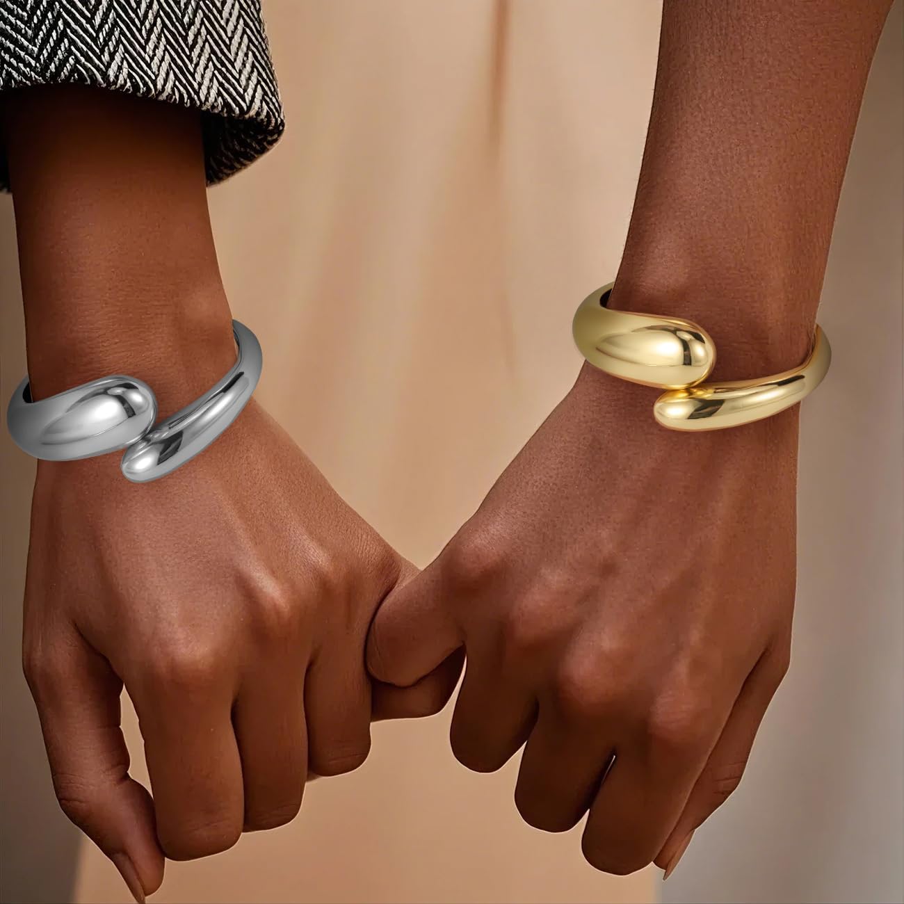 Emibele Cuff Bracelet Stack, 18K Gold-plated Open Bangle Bracelet, Teardrop Hinged Thick Wrist Chunky Bracelet Set for Women, Non Tarnish Jewelry Gift, 2 Pack - Image 5