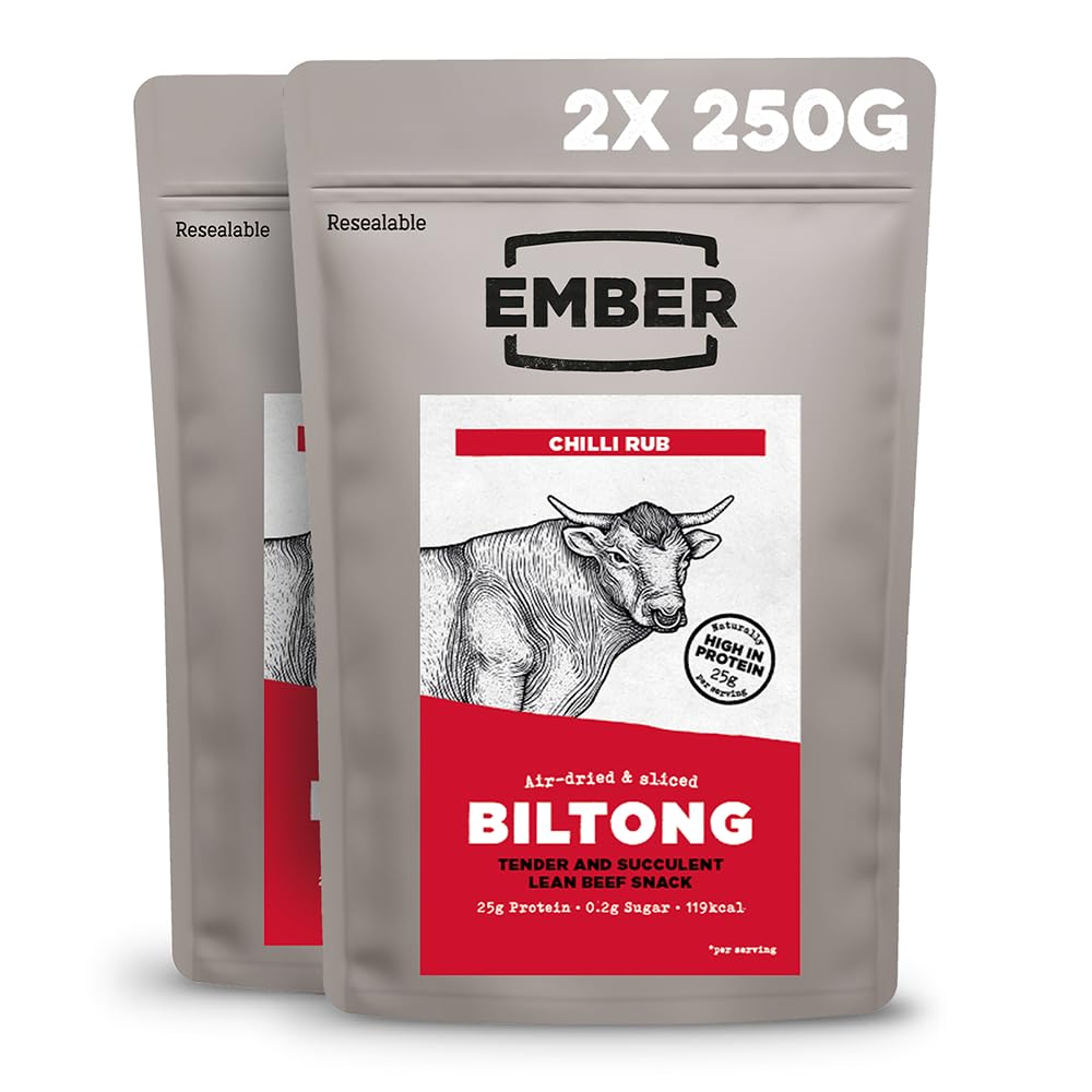 Ember Beef Biltong Chilli - High Protein Meat Jerky Snack - Ready to Eat, Low Fat, No Added Sugar, Keto, No Artificial Flavours - 2 x 250g Resealable Bulk Bags from a Family-Run UK Business
