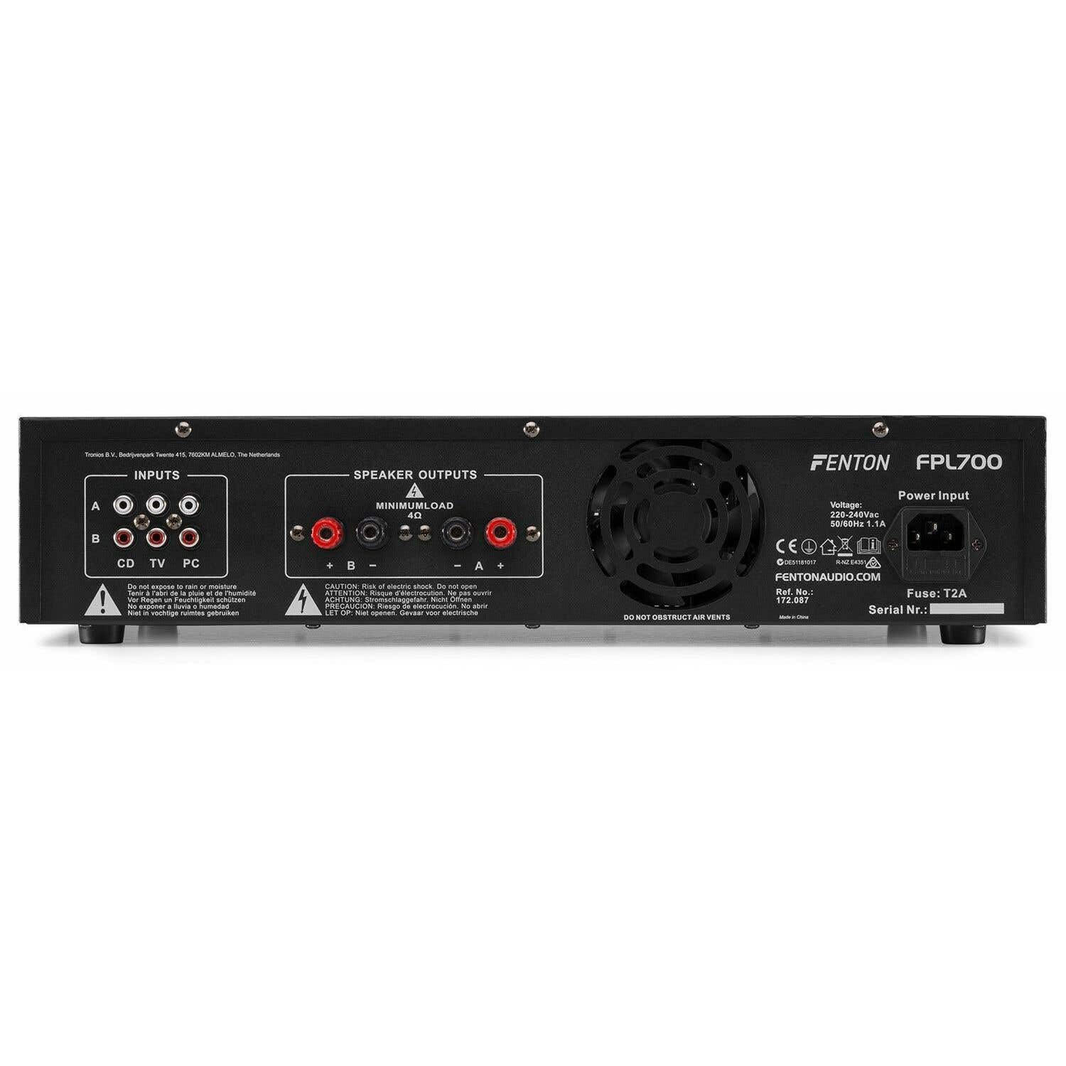 Fenton FPL700 Amplificador de 700 vatios, amplificador de potencia de 3 canales, amplificador digital con Bluetooth, AUX, USB, reproductor MP3, amplificador de potencia multicanal, negro