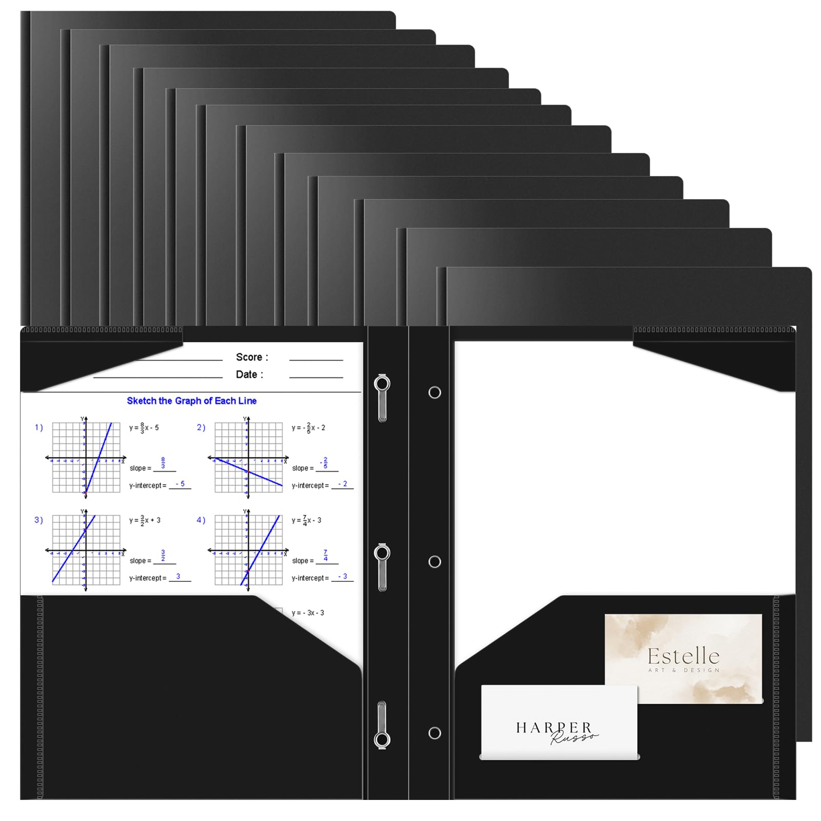 Briartw 12 Black File Folder,Heavy Duty Plastic Pocket Folder with Prongs for Letter Size Paper,2 Pockets and 3 Prongs,As Well As 2 Card Slots,Pocket Folders for Office and School Staff or Students