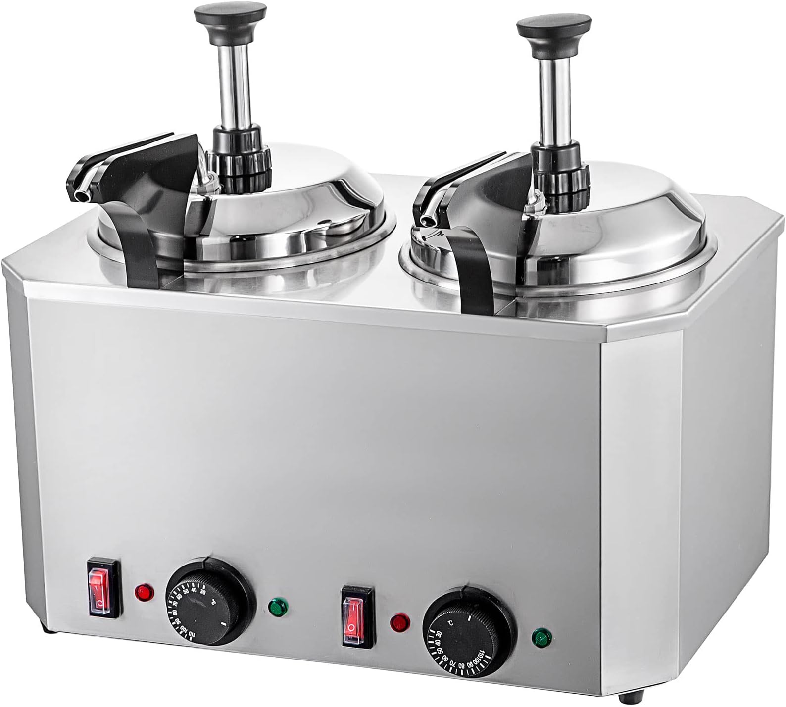 VBENLEM Cheese Warmer with Pump, 5.28 Qt Capacity Cheese Dispenser Hot Fudge Warmer, Dual Head Spout Heater 1300 W Cheese Warmer Dispenser, 30-110℃ Temp Adjustable 110 V Heated Pump Dispenser