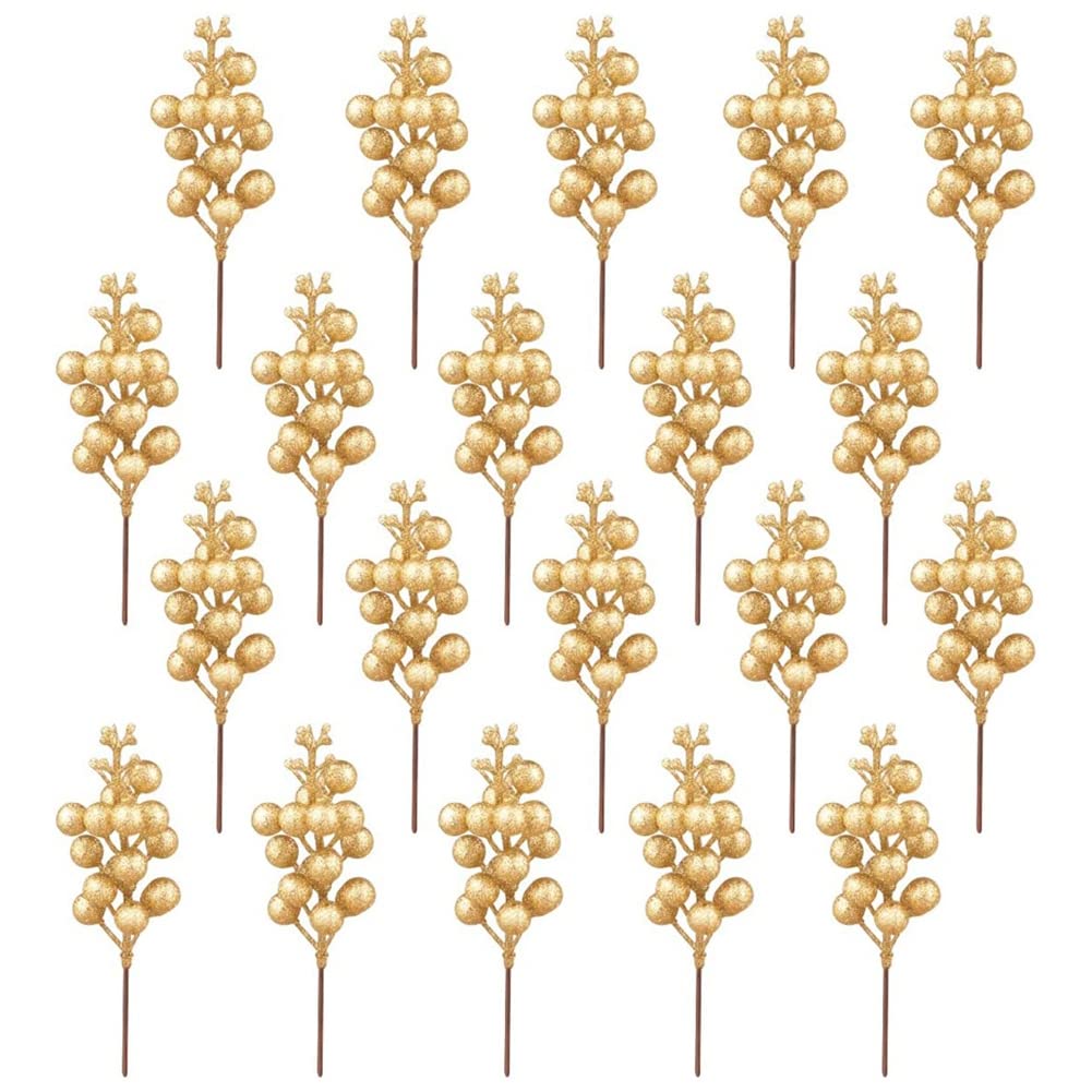 CTRLZS 20 Pc Artificial Berry Stems, 7.5 Inches Christmas Glitter Berries Stems,Artificial Christmas Picks for Xmas Tree(Gold)
