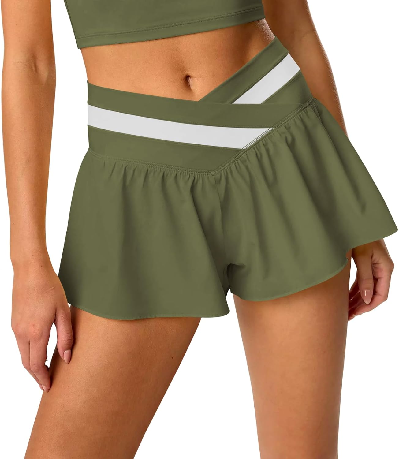 Womens Athletic Workout Shorts Flowy Butterfly Elastic Crossover High Waisted 2 in 1 Running Shorts Pockets for Women