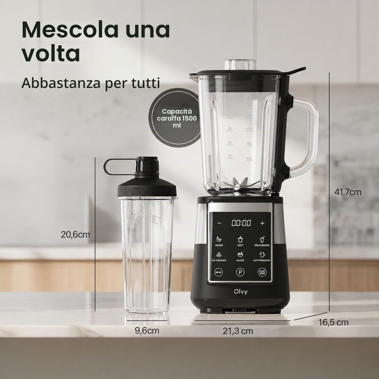 Olvy Frullatore Smoothie Maker 1500ml Vetro To-Go Timer LED 6 Lame-Black
