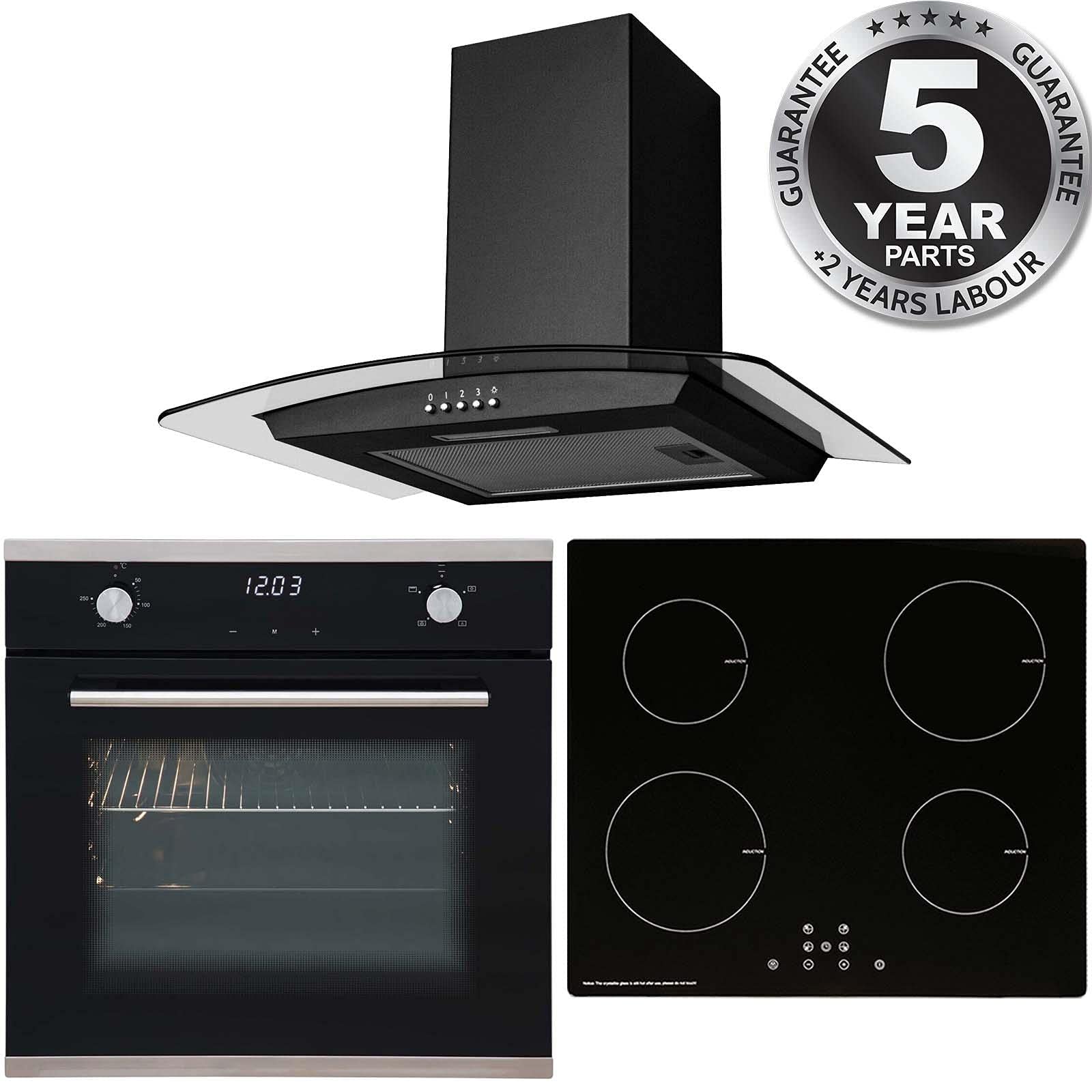 SIA 60cm Black Touch Control Single Oven, 4 Zone Induction Hob & Curved Hood Fan — view 9