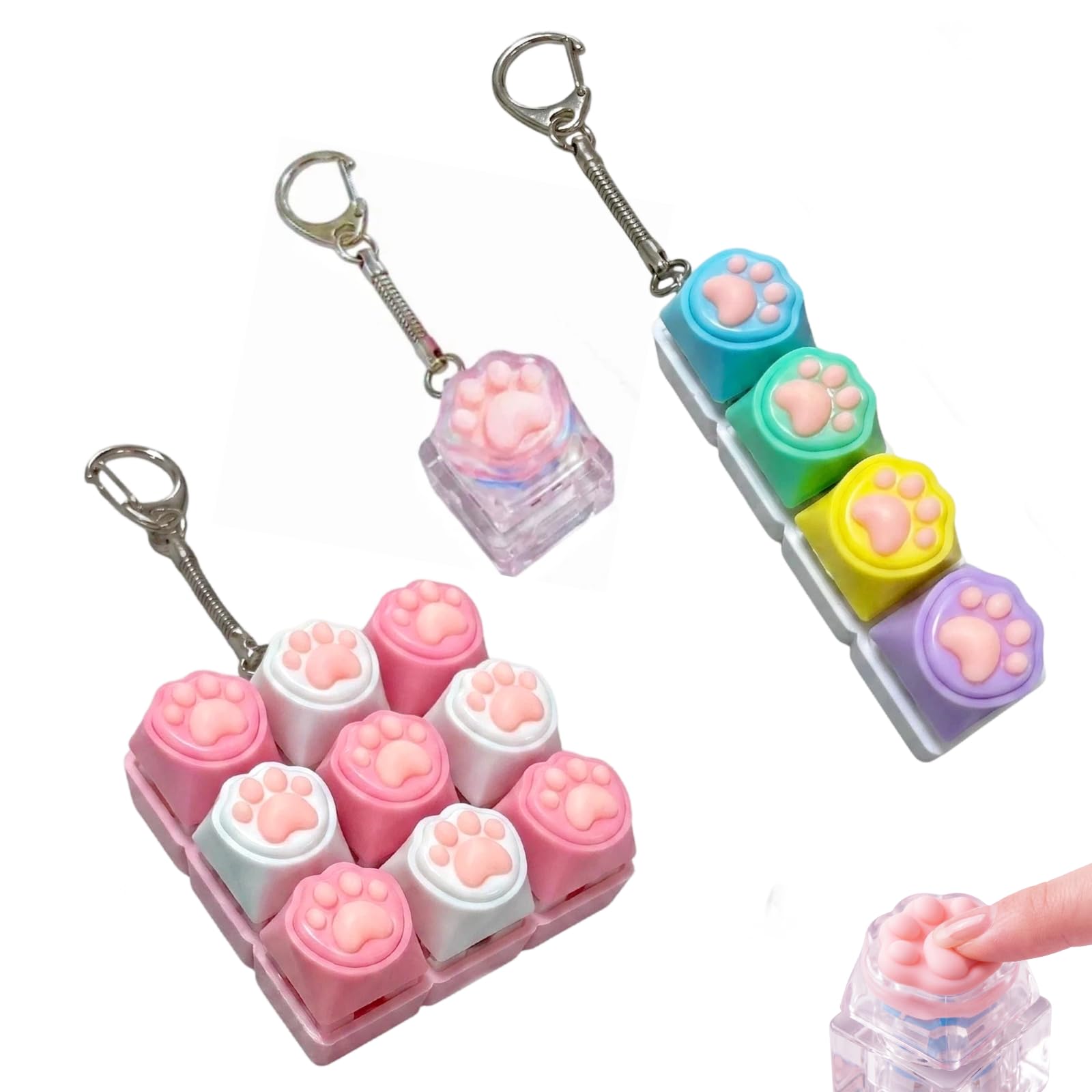 3Pcs Cat Paw Finger Keyboard Fidget Toy Cute Cat Paw Keychain Clicker Funny Fidget Keyboard with 1, 4, 9 Button Funny Stress Relief Toy for Adults Portable Fidget Clicker for Travel Office Home — image 1
