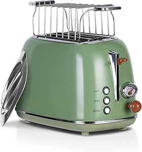 Wiltal Toaster Retro 2 Scheiben 6 Einstellbare Bräunungstufen，Edelstahl mit hochwertige Brötchenaufsatz Aufwärmen-Auftauen-Abbrechenfuktion，Countdown-Anzeige，Schnell-Toast-Technologie (grün)