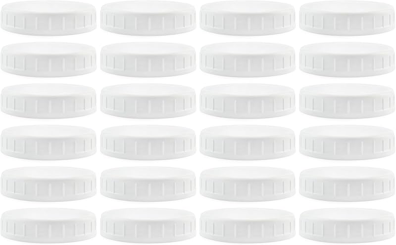 Tapas de tarro de plástico de boca ancha de Cornucopia Brands (paquete de 24); 2 docenas de tapas acanaladas blancas sin forro, tamaño 86-450