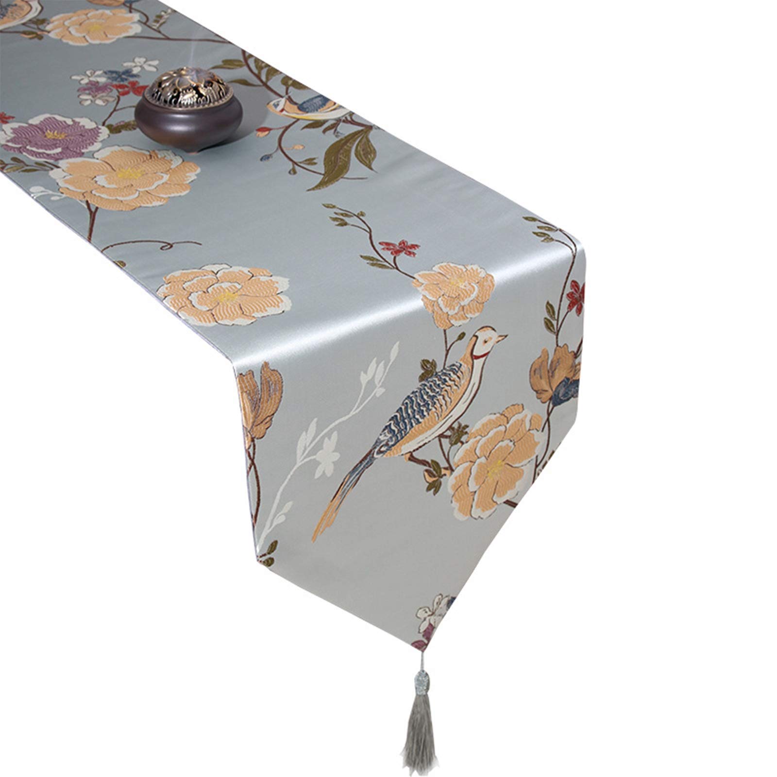 Chemin de table fleuri en polyester résistant gris bleu motif oiseau