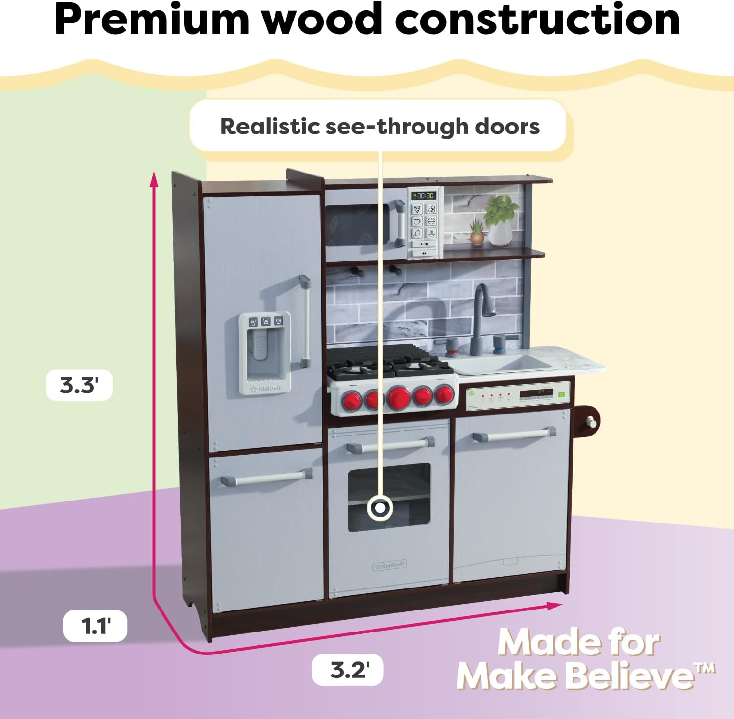 Image showing the dimensions of the KidKraft Uptown Elite Play Kitchen: approximately 3.3 feet tall, 3.2 feet wide, and 1.1 feet deep.