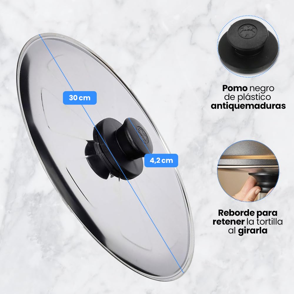 ANAKEL HOME Tapa Gira Tortillas y Vuelta, Sartén 30 cm | Acero Inoxidable con Pomo Anti Quemaduras, Ø30 Centímetros, Multiusos, Apta para el Lavavajillas