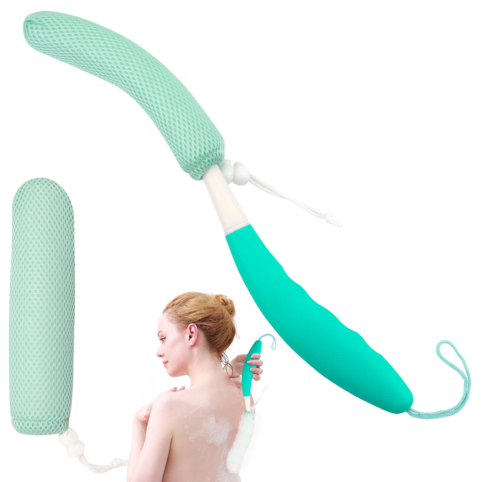 Back Scrubber for Shower,15.35" Curved Body Brush with Anti Slip Long Handle (Green Handle+Green-2)