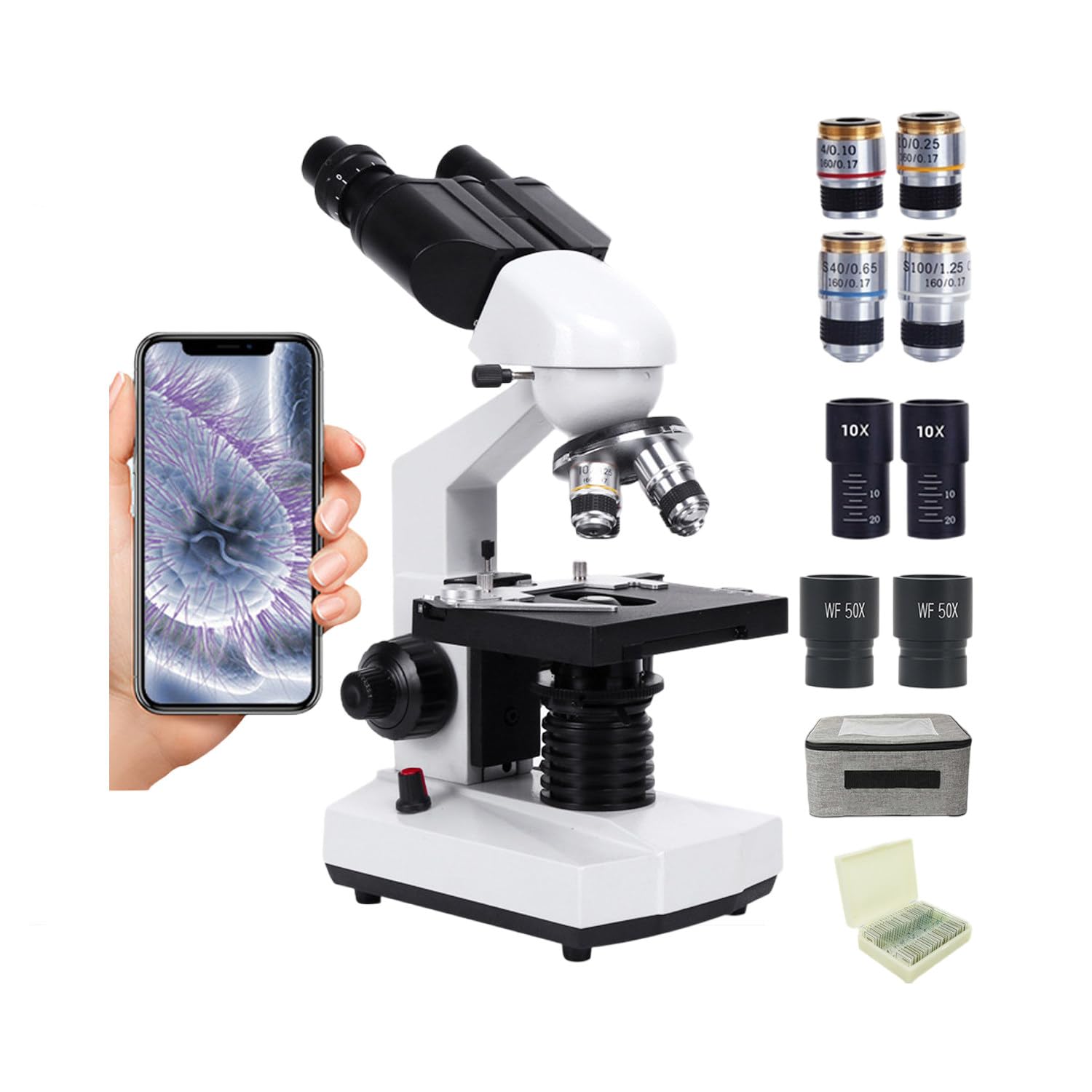 Microscopio binoculare Composto 30000x-70000x con Set di vetrini per microscopio e Adattatore per Telefono - Ideale per la Scuola, Il Laboratorio e l'istruzione Domestica,50000X