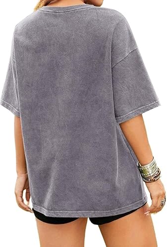 Remidoo Camiseta informal de manga corta con cuello redondo y hombros caídos para mujer, Y-gris., M