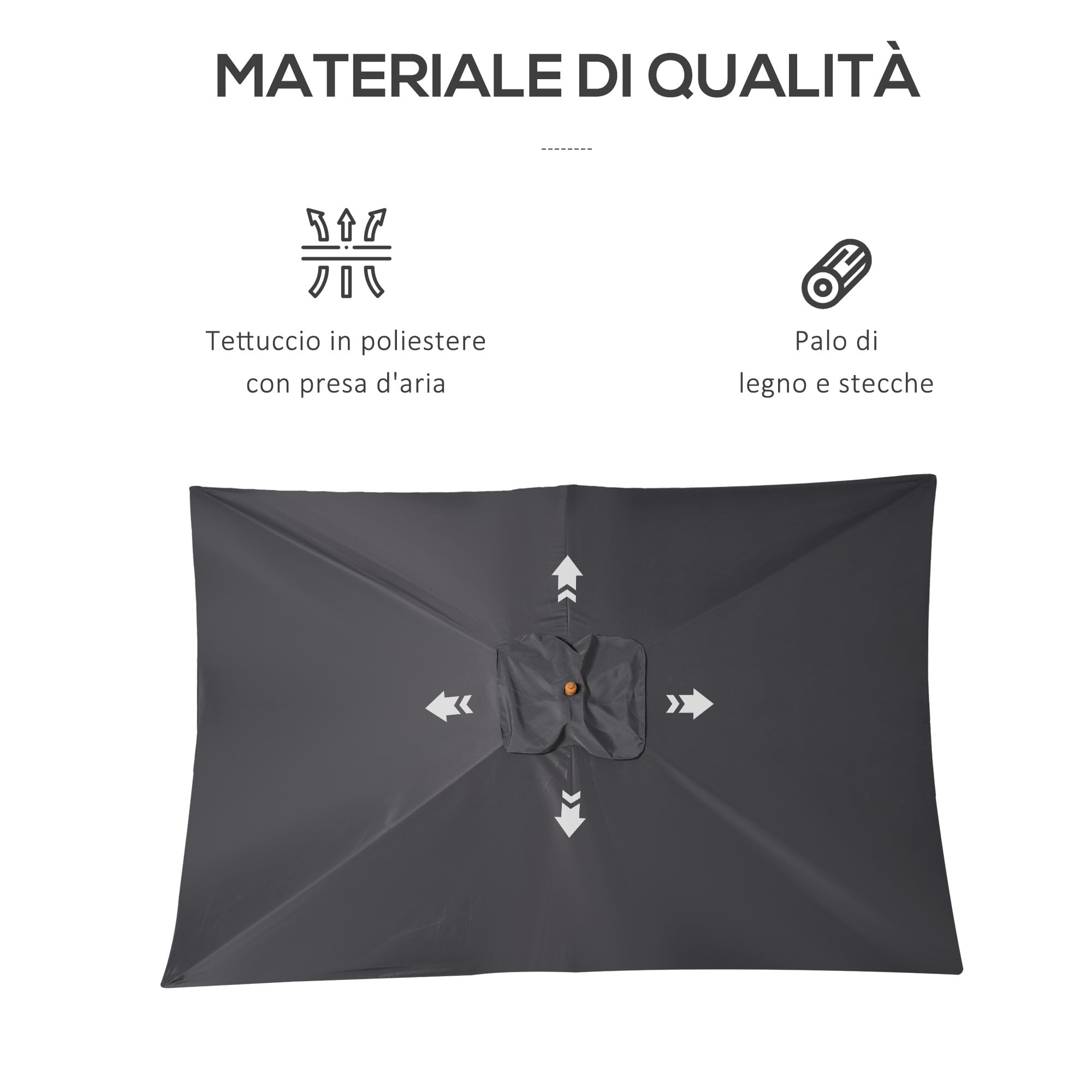 Outsunny Ombrellone da Giardino 2x3 m con Corda e Prese d'Aria, Ombrellone da Esterno con 6 Stecche in Legno, Bambù e Poliestere 180g/㎡, per Cortile, Terrazza e Balcone