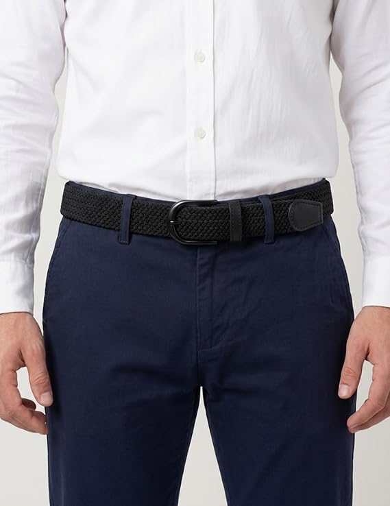 Mile High Life | Braided Stretch Elastic Belts | Pin Oval Solid Black Belt Buckle | PU Loop End Tip Men/Women/Junior Belt