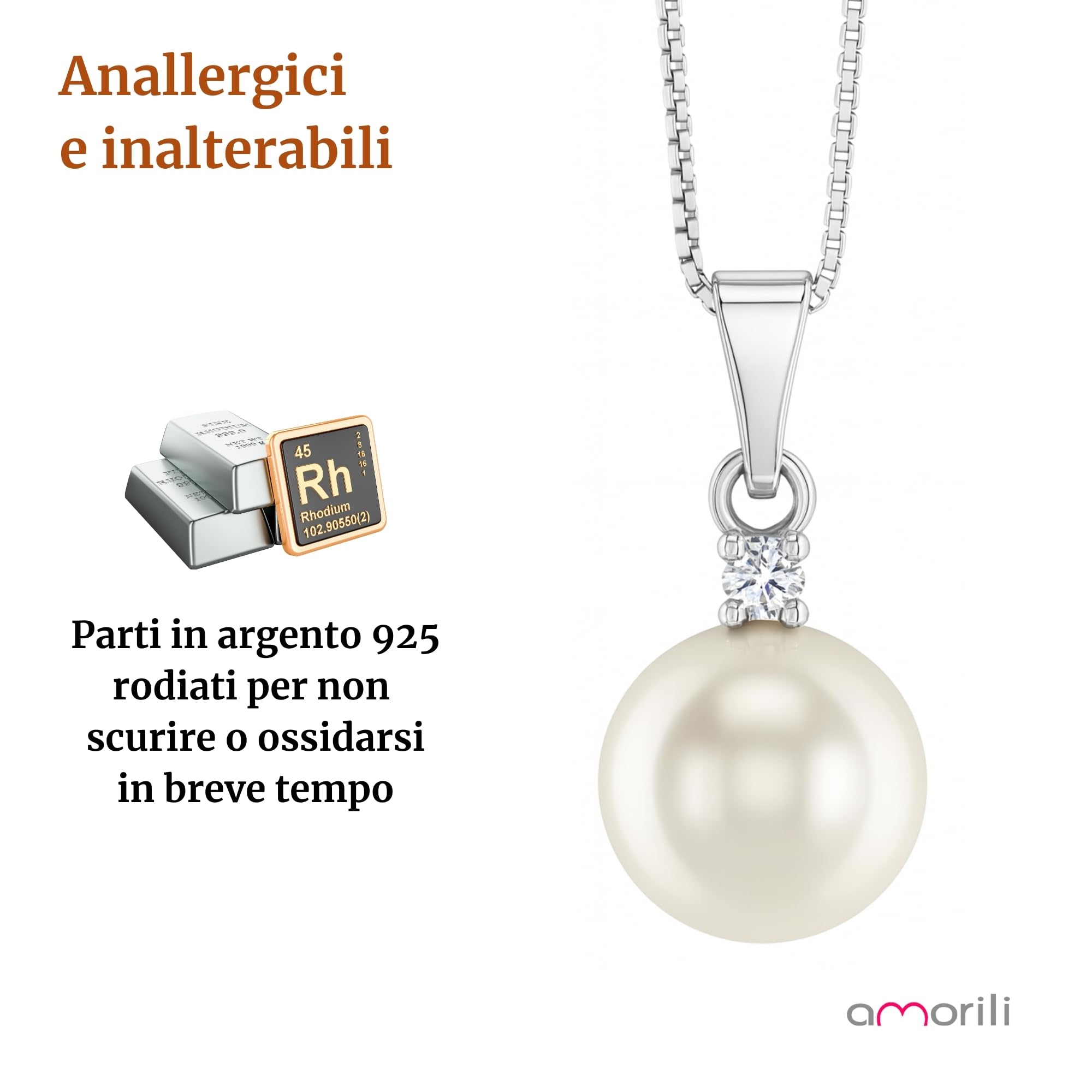 Collana Donna con Ciondolo Perla 12 mm in Argento 925 con Zircone – Gioiello Elegante, Regalo Raffinato per Donna, Accessorio Moda Cerimonia, Matrimonio, Compleanno