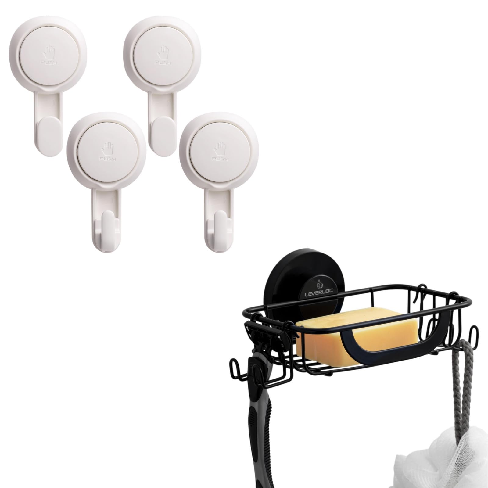 LEVERLOC Soap Holder Dish with Hooks for Shower 4 Pack Heavy Duty Suction Cup Shower Hooks Bar Suction