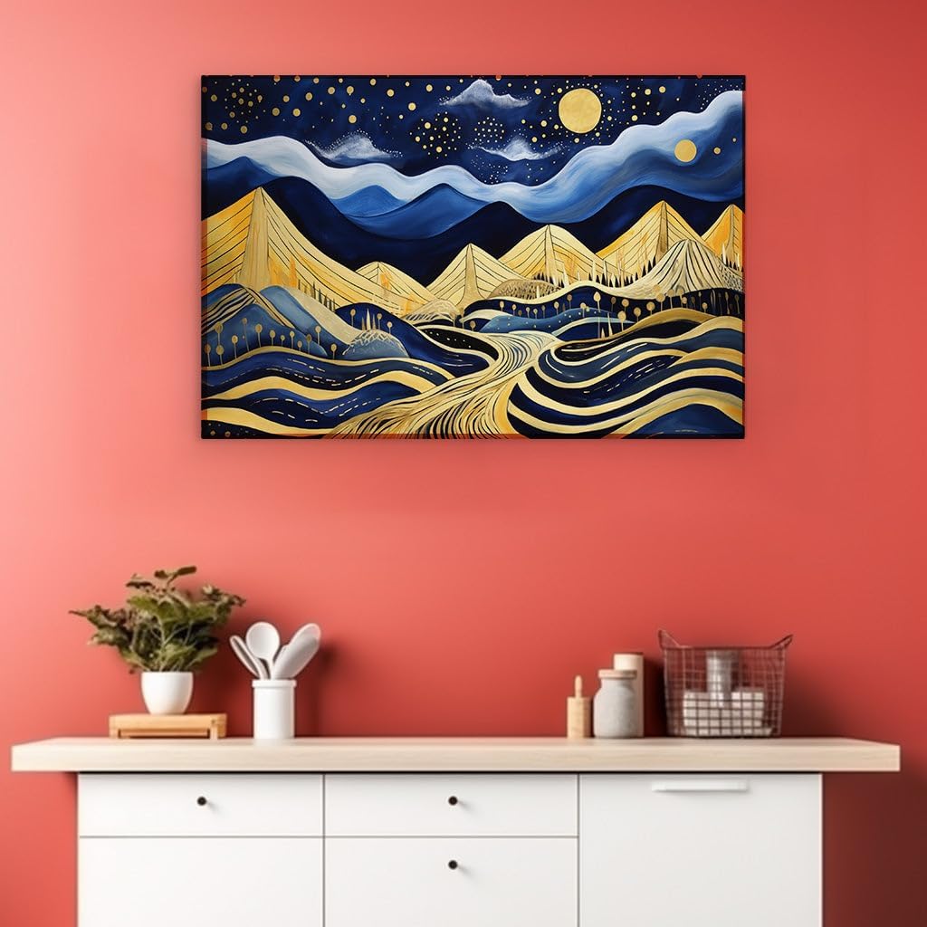 Canvas for Living room. Moonlit Majesty: Where Mystic Skies Meet Golden Lands, 27 x 18 inch Canvas Wall Art - Modern Home Decor - 69x46 cm (27x18 inch)