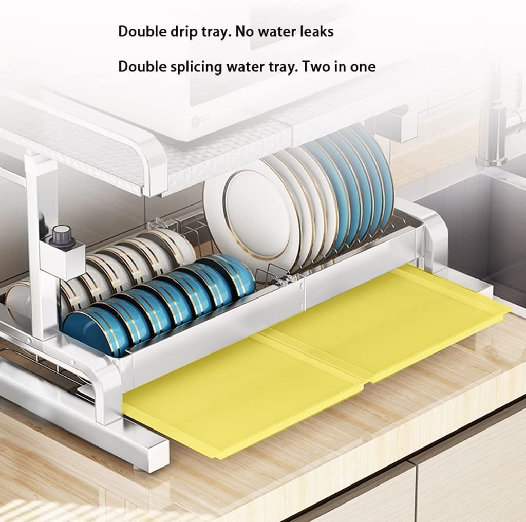 Soporte ajustable de 2 niveles para microondas con cajón retráctil, estante de secado multifuncional y estante de encimera para microondas, resistente y sin sacudidas
