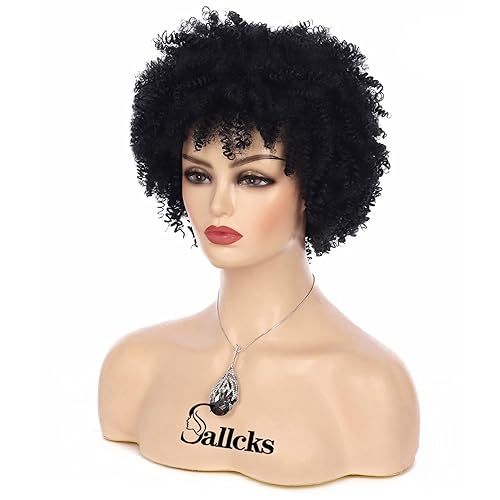 Miniatura 2 de Sallcks Peluca afro afro corta negra para mujeres negras, pelucas afro cortas y rizadas sintéticas naturales para cosplay, pelucas de disfraz con