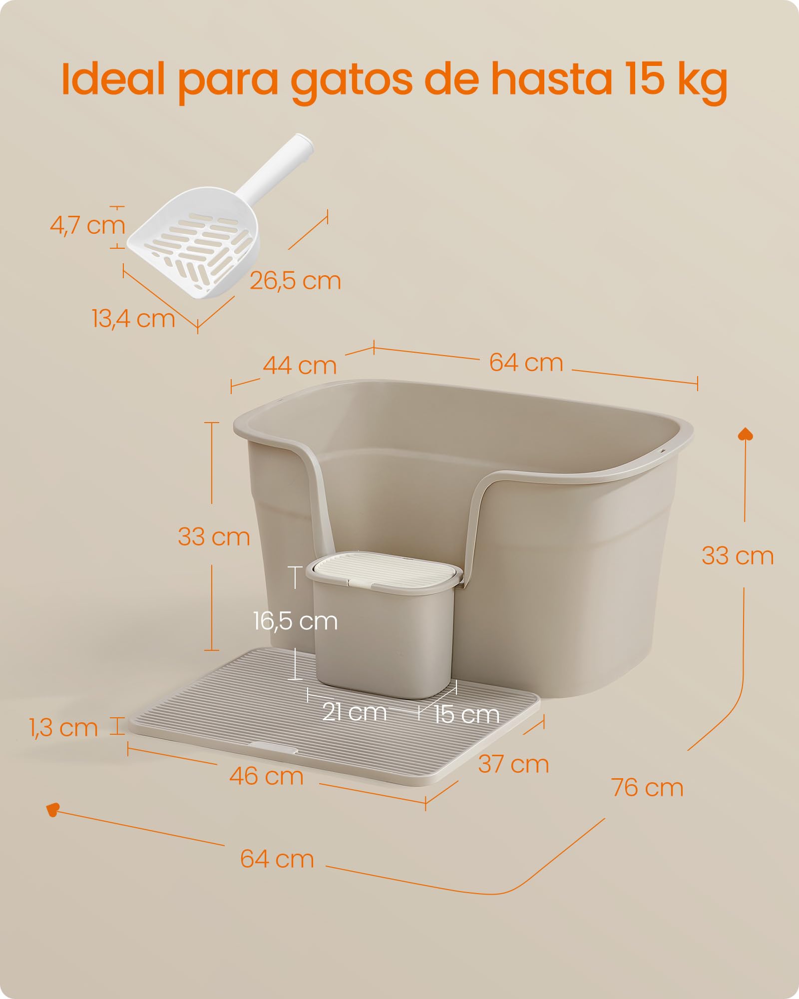 Feandrea Caja de Arena para Gatos Grandes, Extra Gran Arenero para Hogar con Varios Gatos, Incluye Tabla Recogedora, Pala, Beige Capuchino PPT003K01