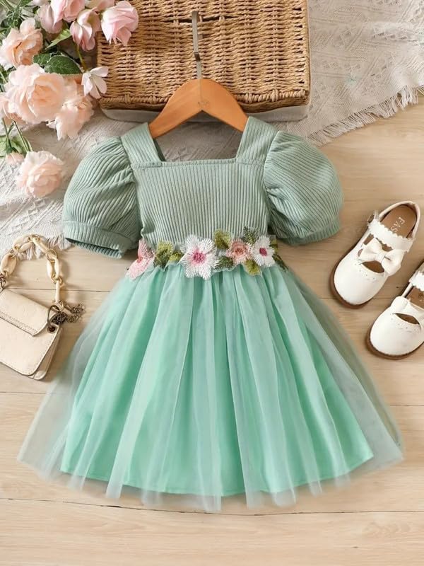 Image of Niren Enterprise 1019 Floral Embroidery net and Modal Short Sleeve Baby Girl Frock