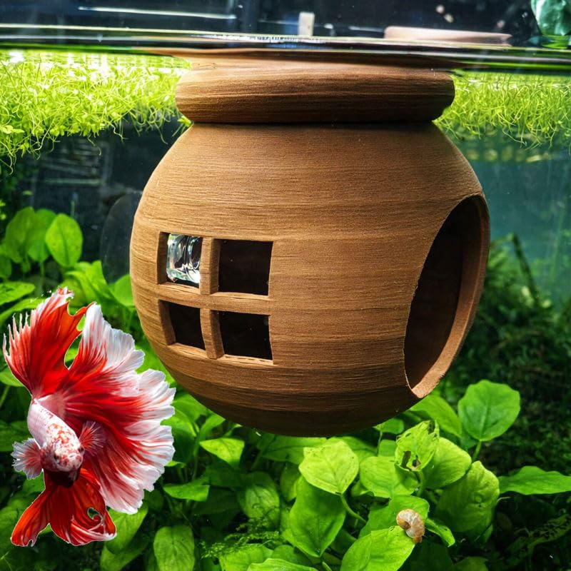 3DAquaticSolutions Floating Cozy Betta House Natural Floating Betta Hide Out Aquarium Hammock Relaxing & Stress Relief Suction Cup Included 2.9 W x 2.6 H