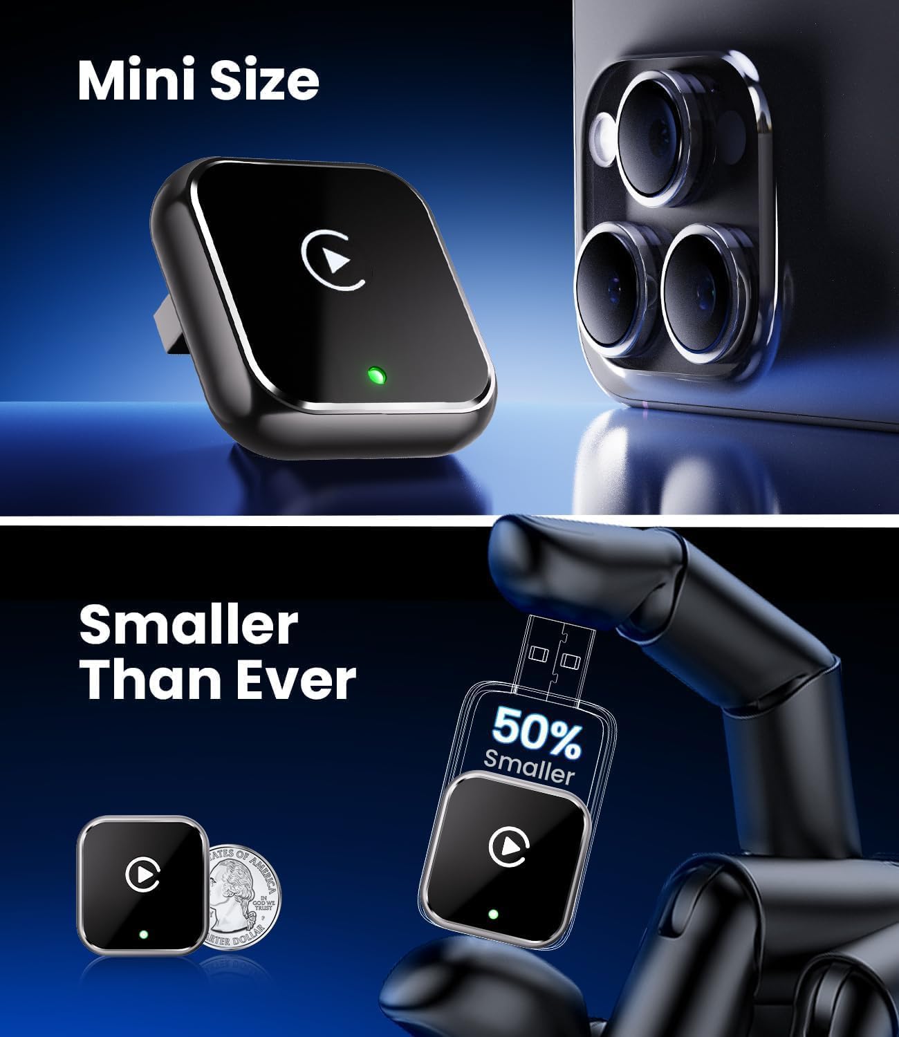 CarPlay sans Fil 2 en 1 pour Apple CarPlay/Android Auto,Mini Adaptateur sans Fil pour iPhone/Android et Plus de 927+ Voitures,Bluetooth 5.3 et WiFi 6,sans décalage,Plug and Play,Connexion Automatique