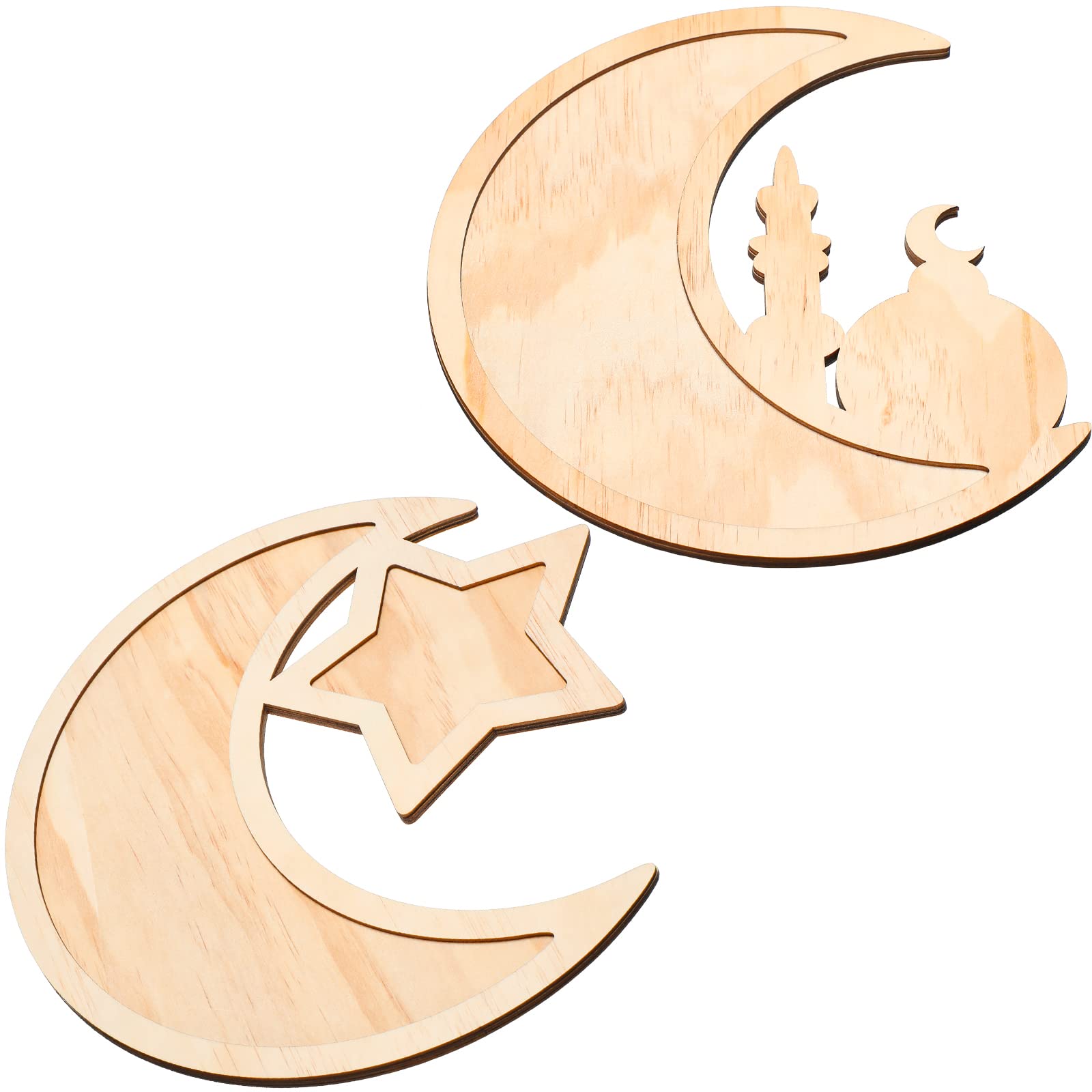Queekay 2 Pieces Ramadan Tray Eid Mubarak Tray Wooden Star Moon Shaped Ramadan Islam Wooden Artistic Moon Star Dessert Pallet Eid Mubarak Decorations for Table Islam Artistic Moon