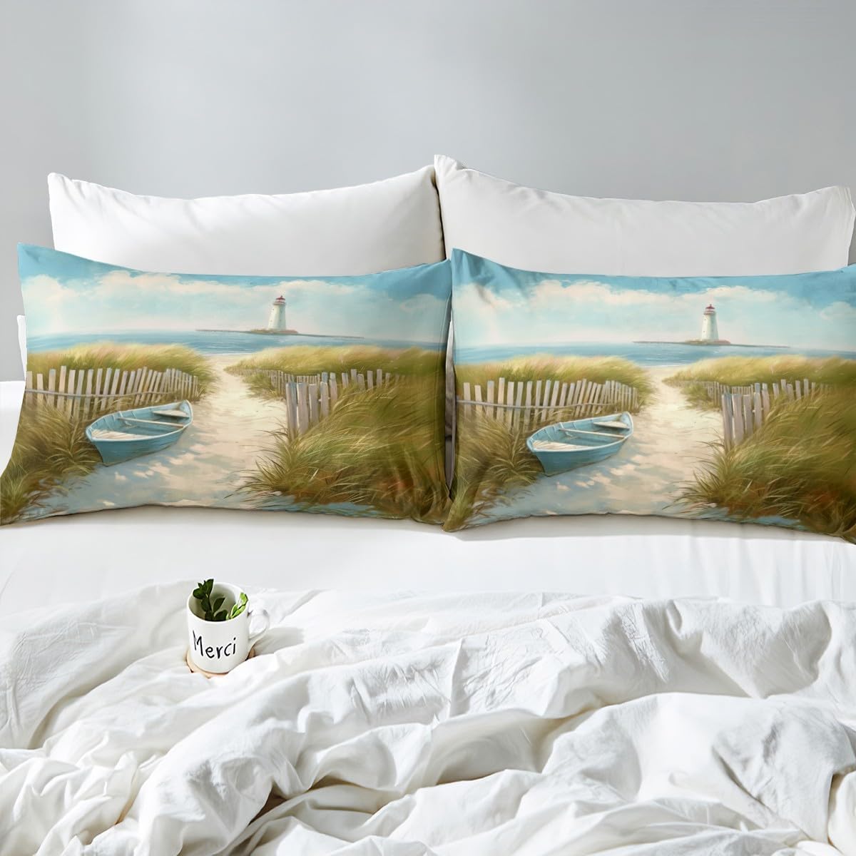 Ocean Beach Fitted Sheet Queen Size,Nautical Lighthouse Bedding Set,Vintage Coastal Wood Boat Bed Sheet for Kids Girls Boys Teens Room Decor,Sea Vintage Art Scenery Deep Pocket Sheet,2 Pillowcases