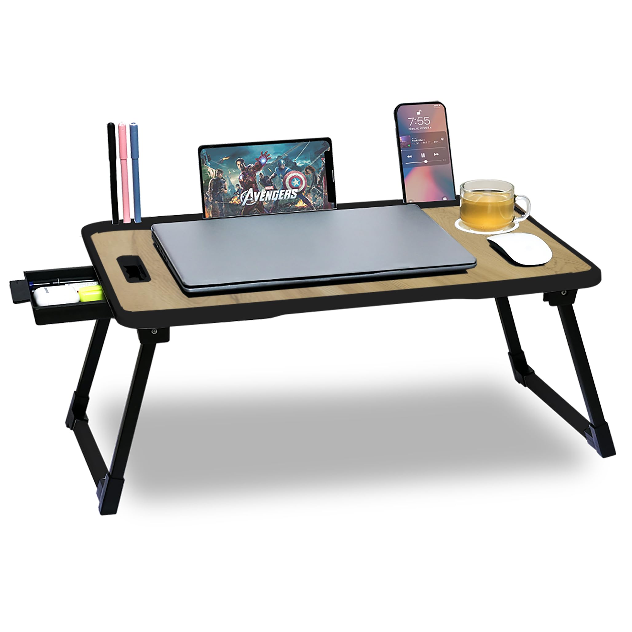 LIDBOX Laptop Stand for Desk, Computer Stand Laptop Table, Phone and Tablet Stand for Desk, Portable Laptop Cup Holder Compatible with Foldable Leg, Laptop,Table (Plastic Wood)