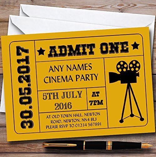 Golden Yellow Admit One Movie Film Cinema Personalized Childrens Birthday Party Invitations