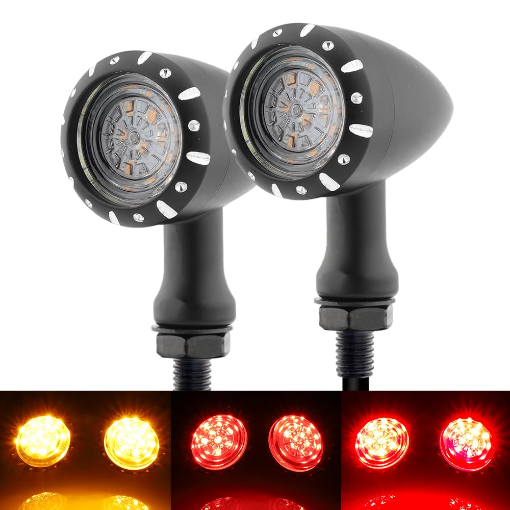 TSUNG 2PCS Motorcycle Rear Turn Signals LED Bullet SMD Blinkers Brake Tail Light Amber Red Indicators for Cruiser Chopper Bobber Cafe Racer Street Bike (SMD LED-4wire Black)