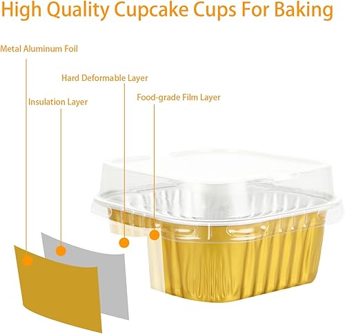Miniatura 3 de Paquete de 100 tazas de aluminio para hornear con tapas, mini tazas cuadradas de 5 onzas, moldes desechables para magdalenas, forros para cupcakes