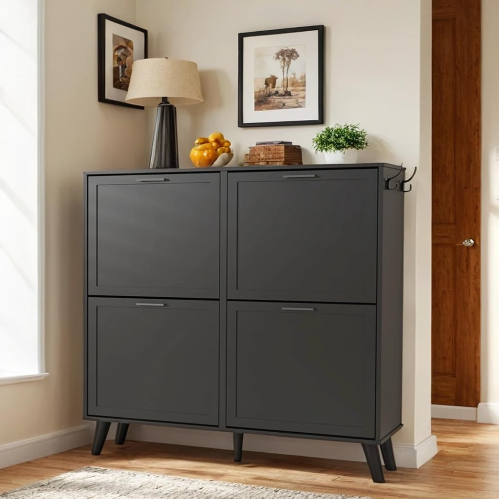DIYART Black Large Shoe Cabinet fit up to Shoe Size 16, Freestanding Shoe Organizer with 4 Flip Drawers, Narrow Wooden Shoe Rack for Entryway, Closet, Living Room