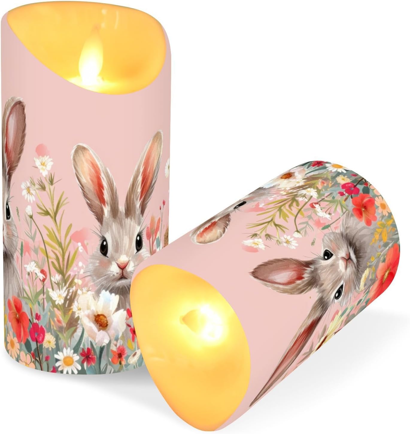 Rabbits Easter Florals 5.9”x3” Flameless LED Candles with Remote - Set of 2, Battery-Operated Flickering Pillar Candles with Timer for Home Decor - Batteries Not Included