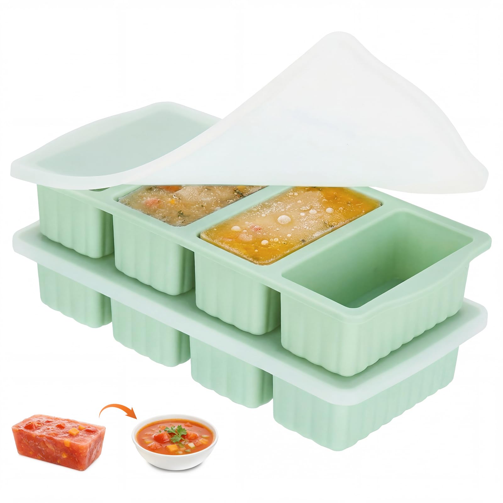 2 Pack Silicone Freezer Moulds Batch Cooking for Soup Ice Cubes,1-Cup Soup Freezer Molds with Lid for Meal Prep, Makes 8 1-Cup Soup Portion Freeze Trays for Storing 250mL/125mL Broth, Soup, Leftovers