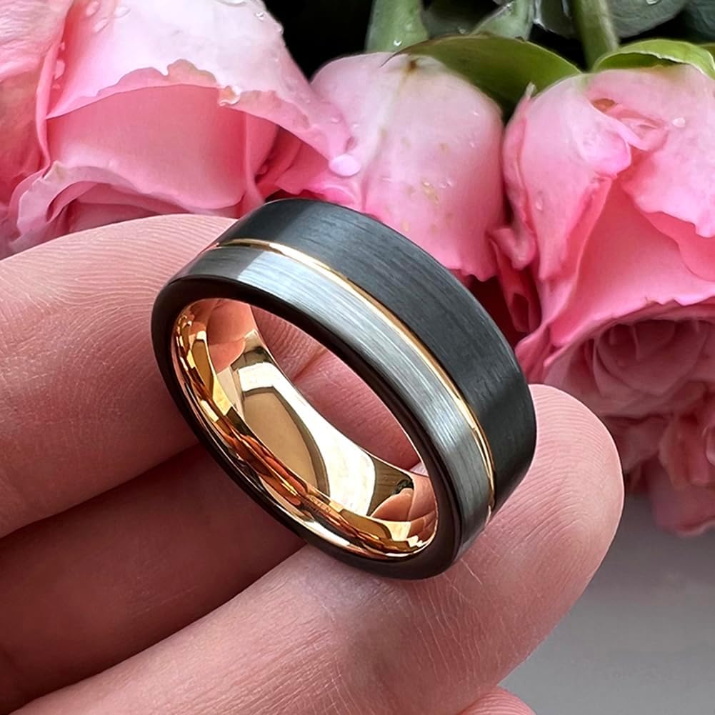 8mm Black/Blue/Gold/Rose Gold Tungsten Rings for Men Women Fashion Engagement Wedding Bands Brushed Finish Offset Line Comfort Fit - Image 2