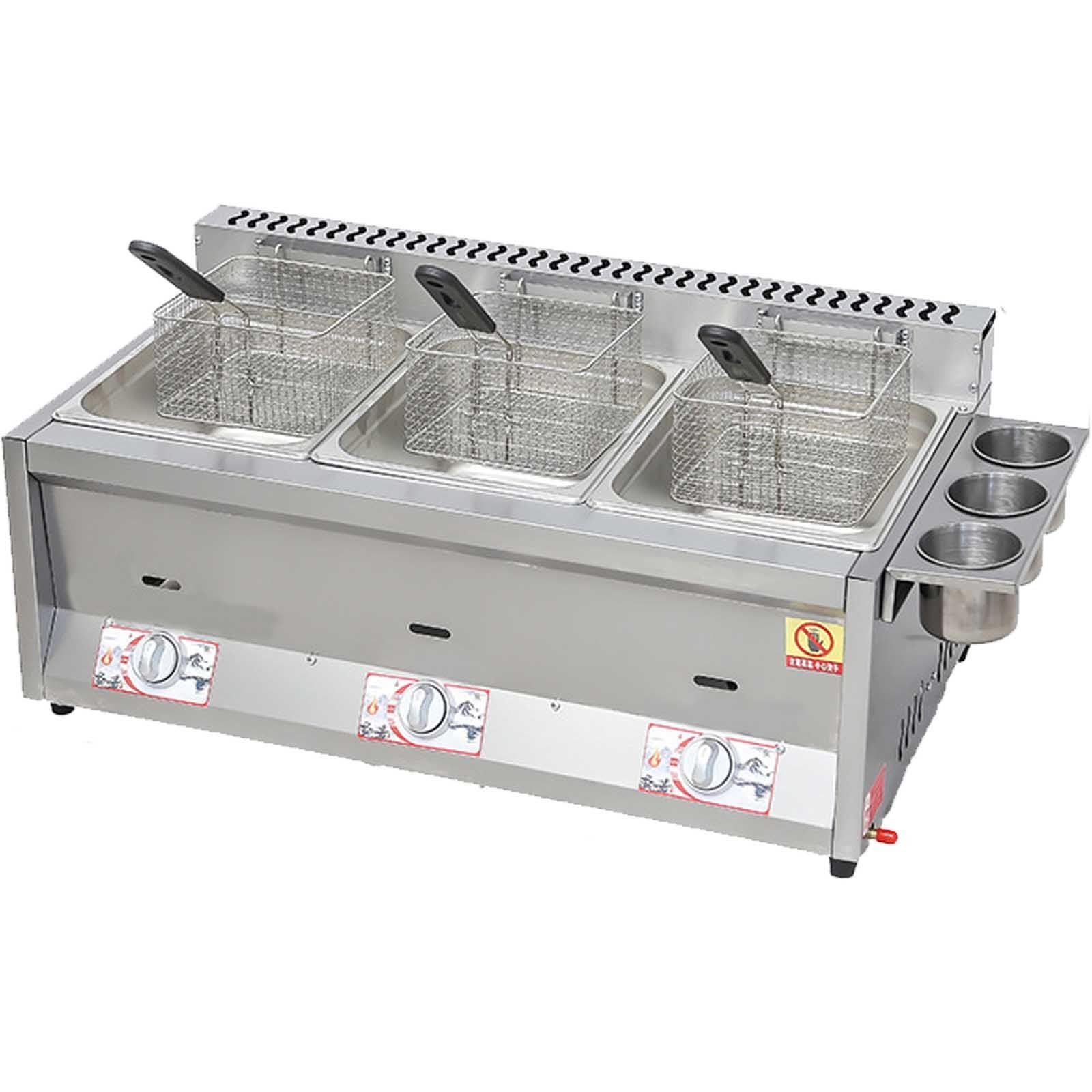 Freidora de gas comercial, freidora de acero inoxidable, triple tanque de 8 litros cada una, para cocina del hogar, restaurante, cocina y patatas fritas