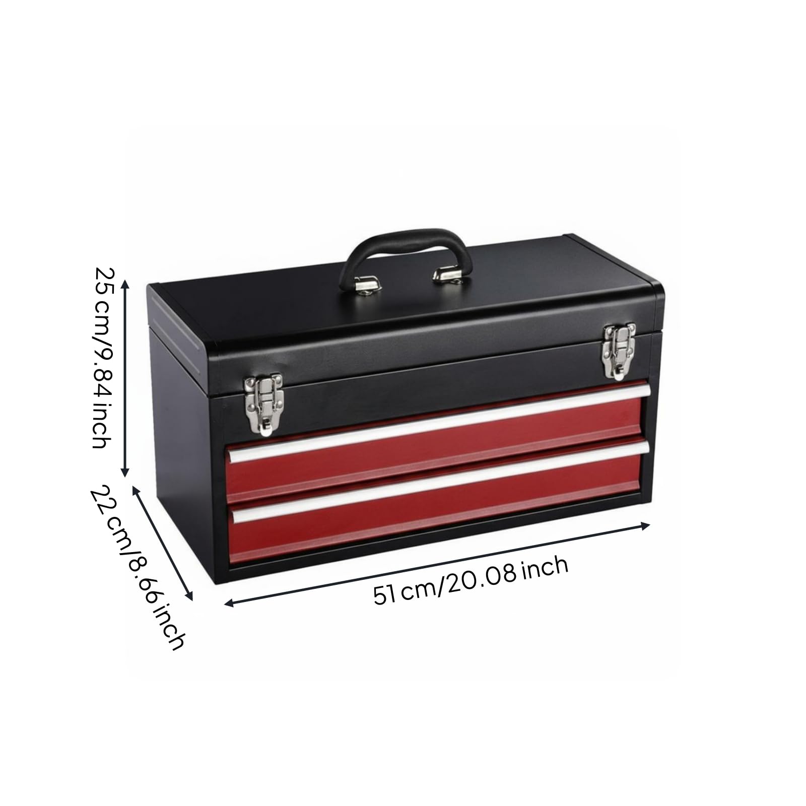 Cassetta in Metallo Rettangolare Nero e Rosso Valigetta Porta Attrezzi in Metallo, 2 Cassetti 510 220 250mm